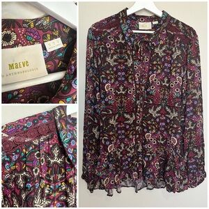 Anthropologie Maeve Floral Leaf tie neck ruffled collared blouse